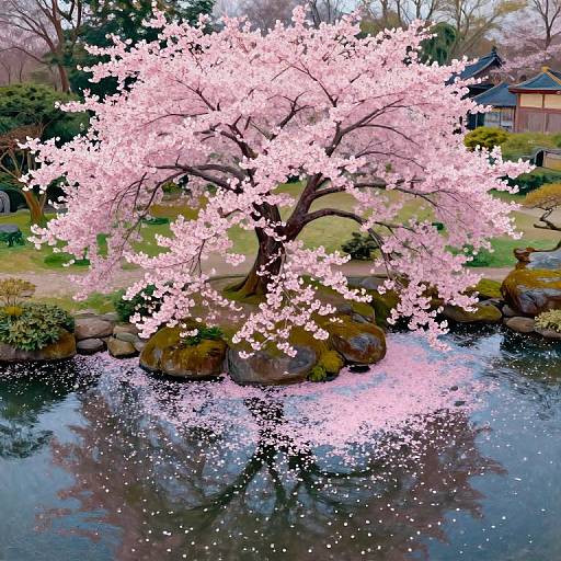 Photograph of a cherry blossom tree with pink flowers, reflected in a calm pond, surrounded by rocks and greenery, with traditional Japanese houses in the