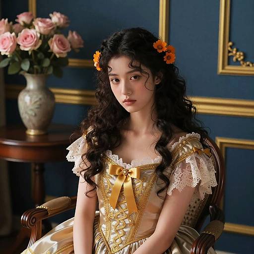 Photograph of a young woman with long curly black hair, adorned with orange flowers, wearing an elaborate gold and white lace dress, seated in an orn