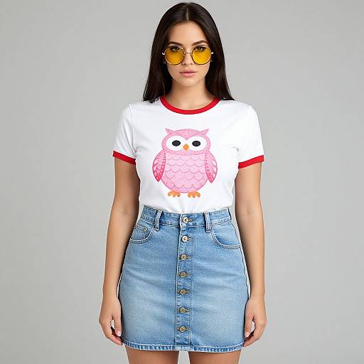 Photograph of a young woman with long black hair, wearing yellow sunglasses, white owl t-shirt with red trim, and blue denim skirt.