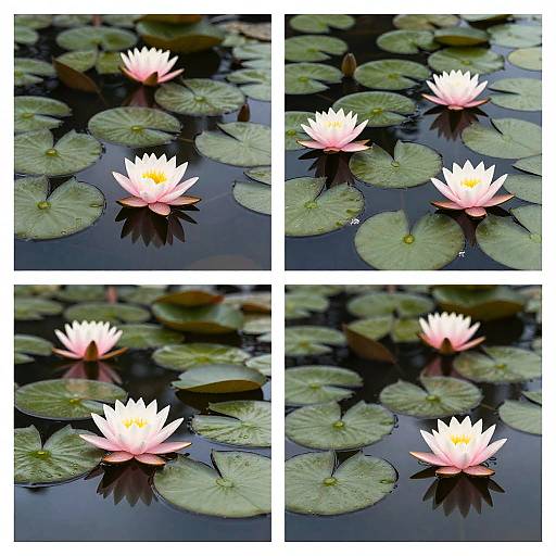 Photographic collage of four white and pink water lilies with dark green lily pads, floating on reflective black water.