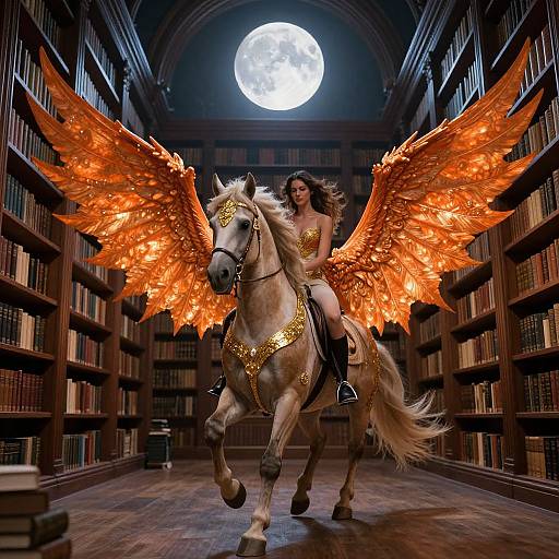 Photorealistic digital art of a woman with long brown hair riding a white horse with glowing orange wings in a moonlit library.