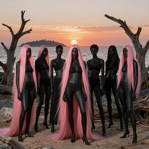 Hyper-Realistic Models in Sunset Landscape