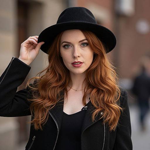 Photograph of a fair-skinned woman with long, wavy auburn hair, wearing a black hat, black jacket, and black top,