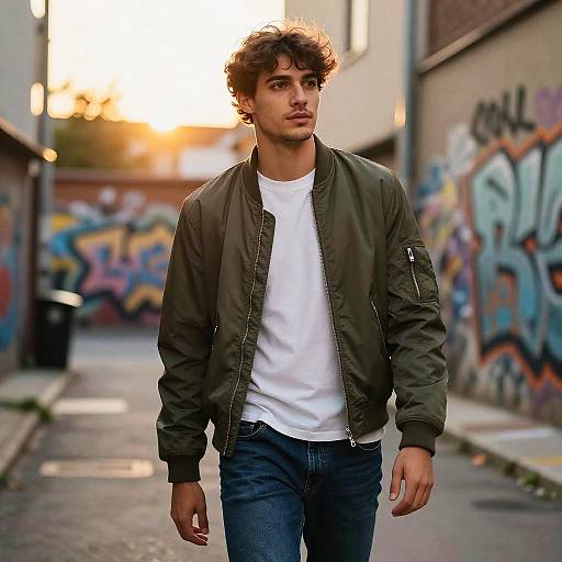 Photograph of a young man with curly brown hair, green jacket, white shirt, and blue jeans walking down a graffiti-covered alley at sunset.