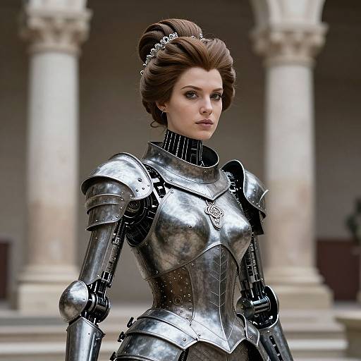 Photorealistic CGI of a fair-skinned woman in shiny medieval armor with an updo hairstyle, standing in front of classical columns.