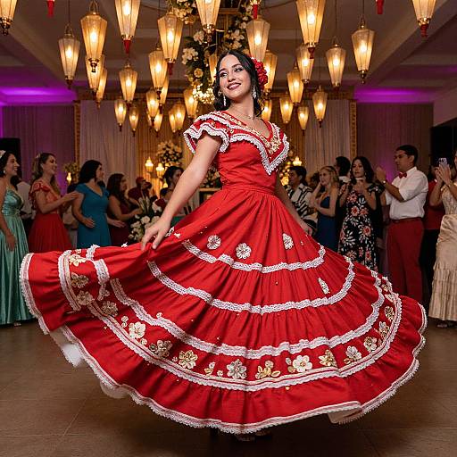 Photograph of a smiling Latina woman in a vibrant red, multi-layered, lace-trimmed dress, dancing in a warmly lit ballroom with