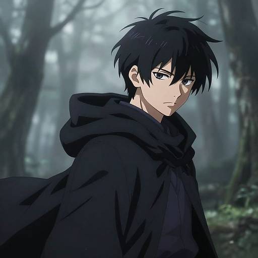 Anime-style digital drawing of a serious young man with black hair and blue eyes, wearing a dark hooded cloak, in a misty forest background.