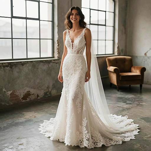 Photograph of a smiling brunette woman in a white lace-embellished wedding dress with a long veil, standing in a sunlit, rustic room