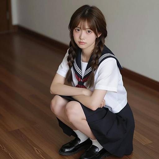 Asian Girl in Sailor School Uniform Squatting