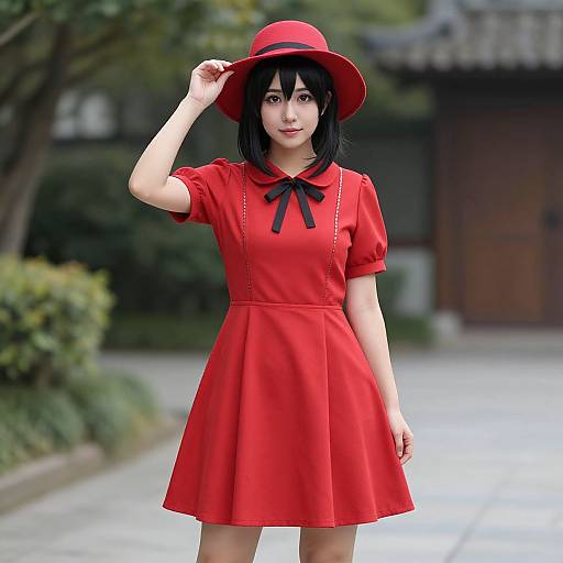 Photograph of an Asian woman with black hair, wearing a red dress with black ribbon, red hat, standing outdoors, hand on hat, blurred traditional