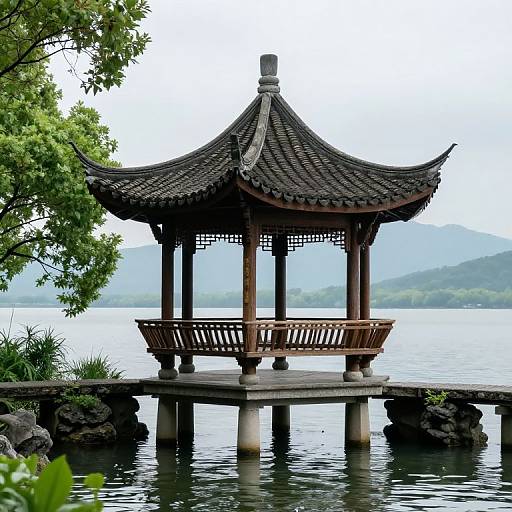 Traditional Wooden Pavilion Over Water