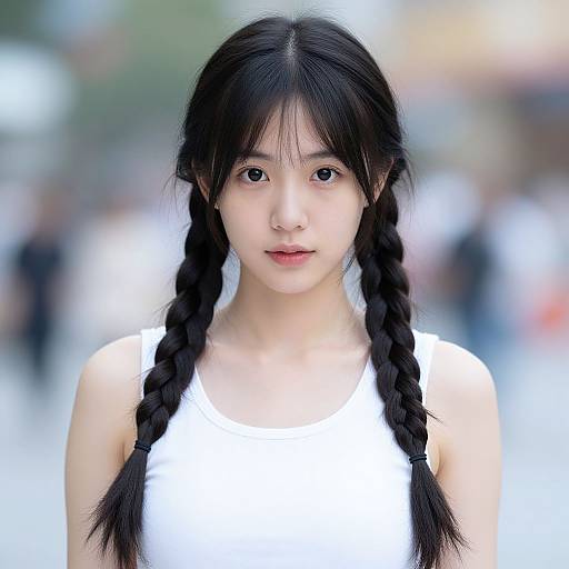 Photograph of an East Asian woman with long black braided hair, wearing a white tank top, standing in a blurred urban background.
