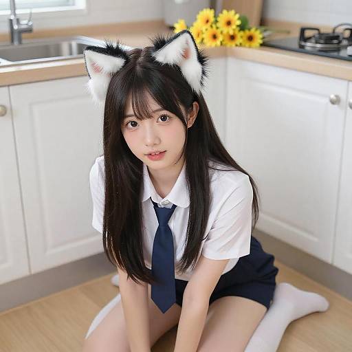 Playful Woman in Cat Ears Pose