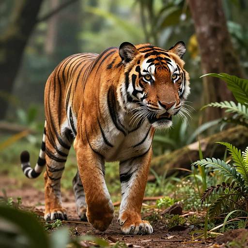Photograph of a majestic Bengal tiger walking through a lush, green forest, with sunlight filtering through the trees, highlighting its vibrant orange and black striped fur