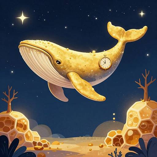 Digital illustration of a glowing, gold whale with a clock on its side, floating in a starry night sky above glowing, honeycomb-shaped rocks and