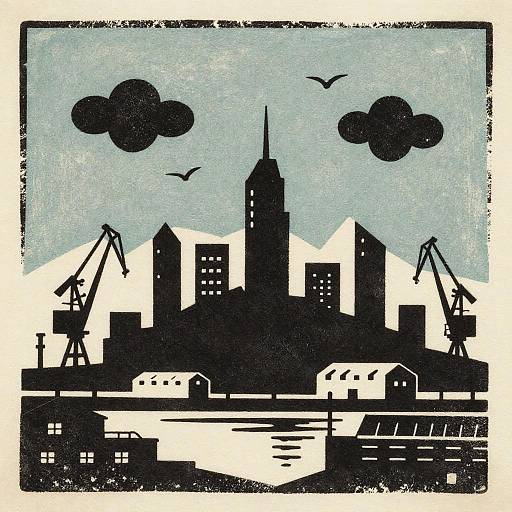 Cubist Woodcut City Skyline with Industrial Harbor