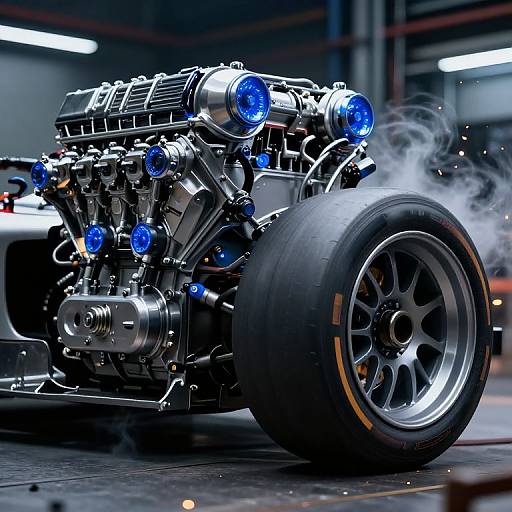 Photograph of a high-performance, chrome engine with blue LED lights, large tire, and smoke, inside a dimly lit garage.