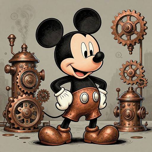 Digital illustration of Mickey Mouse standing confidently in front of steampunk gears and pipes, wearing copper shorts and large shoes.
