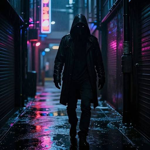 Cyberpunk photograph: Silhouetted figure in hooded raincoat walks down neon-lit, rain-soaked alley with colorful lights reflecting on