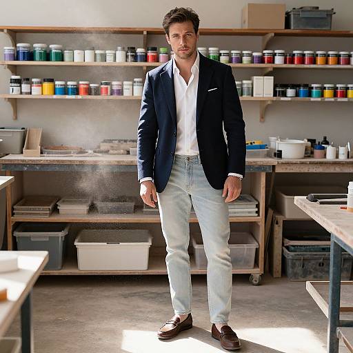 Man in Navy Blazer Standing in Workshop