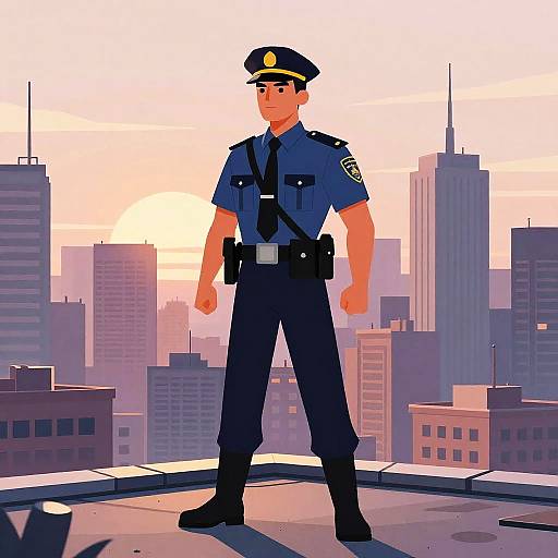Digital illustration of a confident male police officer in blue uniform, standing on a rooftop against a sunset cityscape.