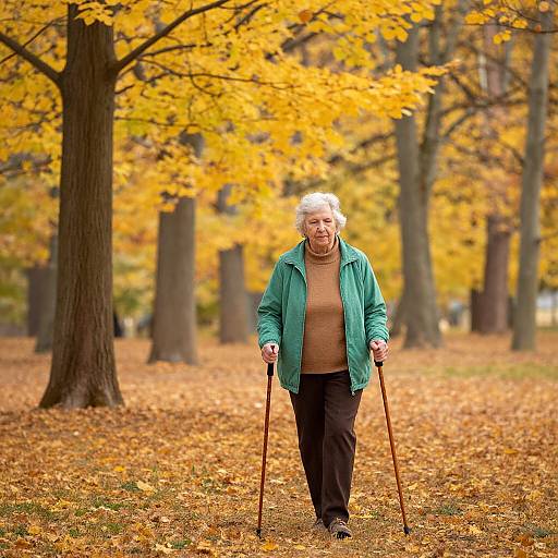 Photograph of an elderly woman with white hair, wearing a green jacket and brown sweater, using crutches in a park with autumn leaves and yellow-le