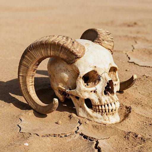 Photograph of a weathered, skeletal ram skull with large, curved horns lying on cracked, sandy desert ground in bright sunlight.
