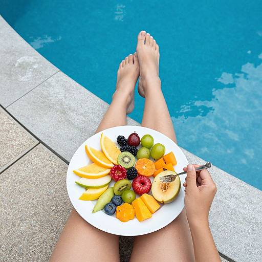 Photograph of a person's legs by a blue pool, holding a white plate of colorful fresh fruit, including kiwi, strawberries, and citrus,