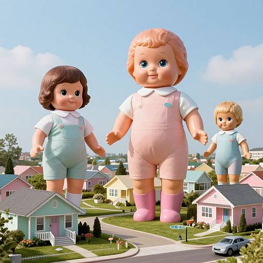 Photorealistic CGI of three giant dolls with large blue eyes, wearing pastel overalls and boots, standing in a suburban neighborhood.