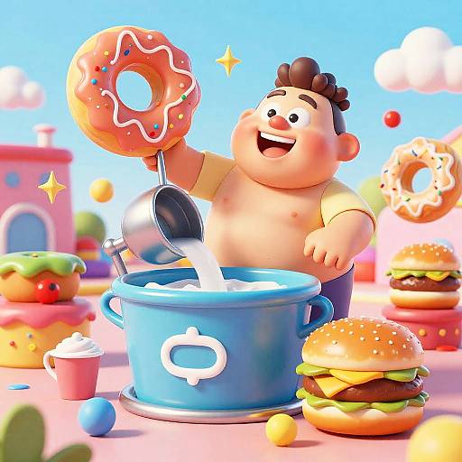 Cartoon chubby man with short brown hair, shirtless, joyfully pouring doughnut batter into blue pot, surrounded by colorful donuts and burgers.