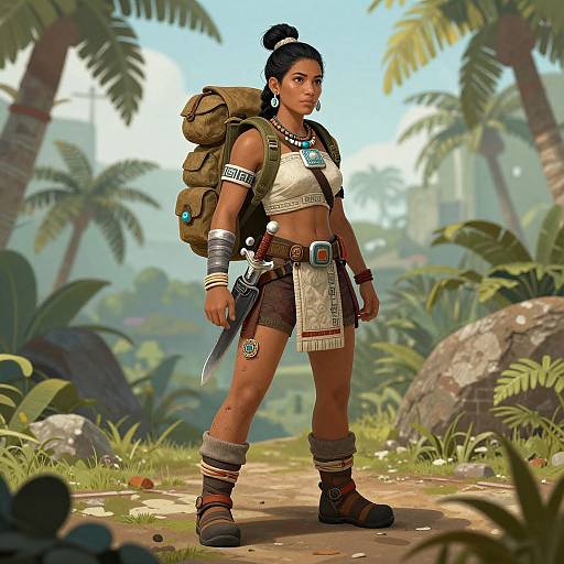 Digital artwork of a confident, dark-skinned tribal woman with a topknot, wearing a white crop top, brown skirt, and boots, holding