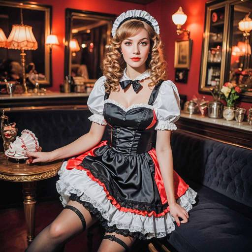 Woman in French Maid Costume in Dimly Lit Lounge