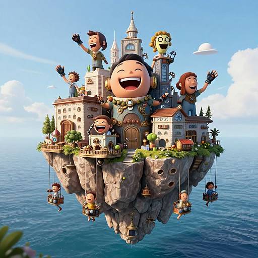 Whimsical 3D CGI illustration of cartoon characters celebrating on a floating, castle-topped island above a blue ocean, with cheerful expressions and waving