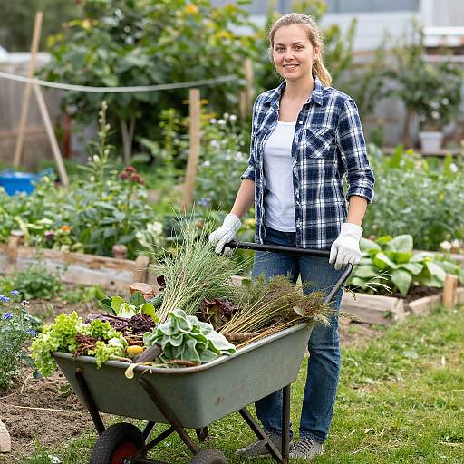 Photograph of a smiling woman with blonde hair, wearing a plaid shirt and gloves, pushing a wheelbarrow filled with fresh garden vegetables in a