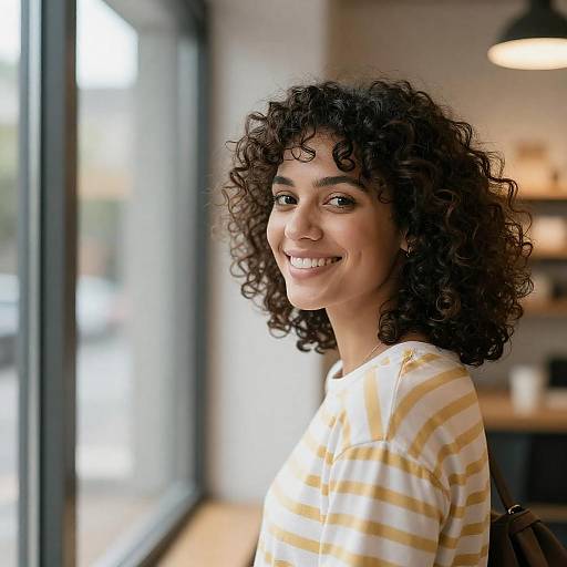 Curly-Haired Woman Looking Over Shoulder