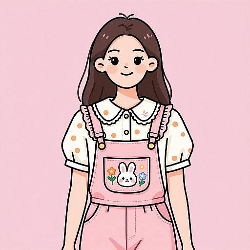 Digital drawing of a cute anime-style girl with straight brown hair, wearing a white polka-dot shirt and pink overalls with a bunny pocket. Pink