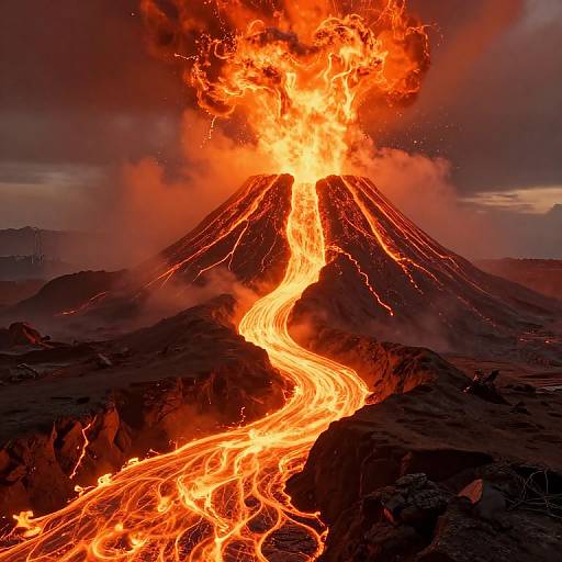 Photograph of an erupting volcano with bright orange lava flowing down its slopes, surrounded by dark smoke and ash against a stormy sky.