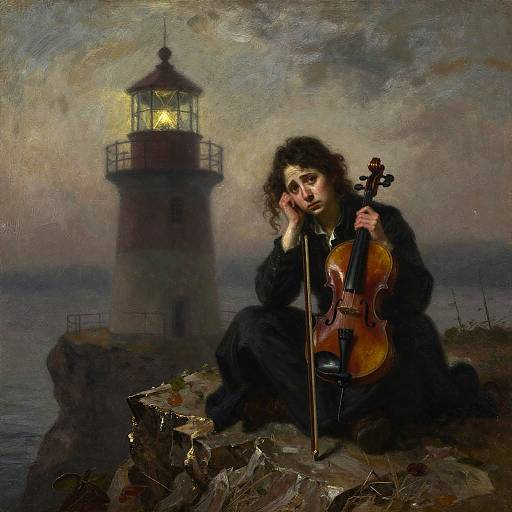 Shipwrecked Violinist at Fog-Shrouded Lighthouse