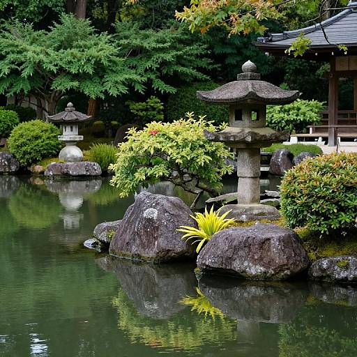 Photograph of a serene Japanese garden with stone lanterns, a reflective pond, lush greenery, and large moss-covered rocks, surrounded by a traditional