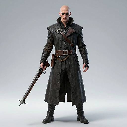 Bald, muscular man in black, long, ornate trench coat, sunglasses, belt with pouch, holding rifle, standing against white background.