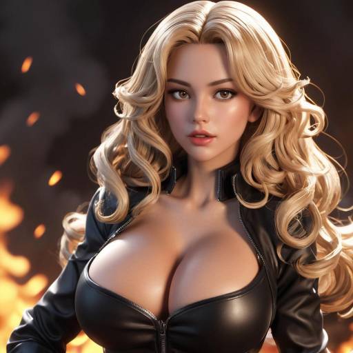 Blonde Woman in Red Outfit with Fire Background