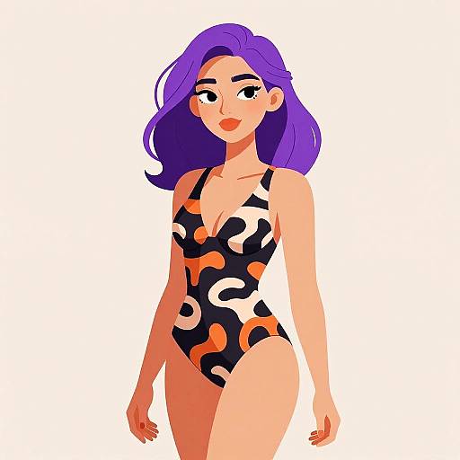 Stylish Woman in Abstract Print Swimsuit