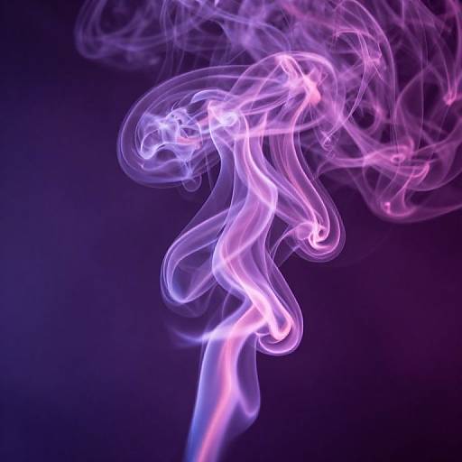 Photograph of swirling, neon purple and white smoke against a dark blue background, creating an ethereal, glowing effect.