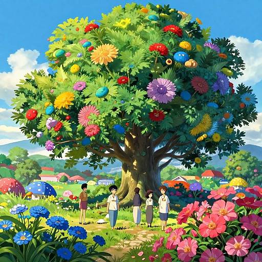 Digital anime-style illustration of a vibrant, multicolored flower tree with four children standing in a colorful, sunny meadow.