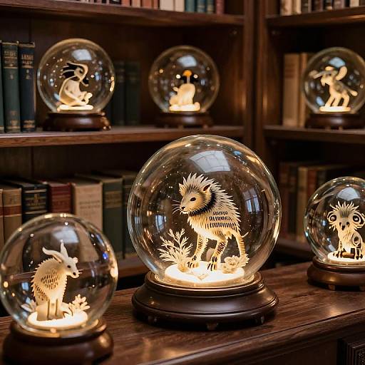 Photograph of four illuminated snow globes with detailed white animal figures, placed on a wooden bookshelf filled with books.