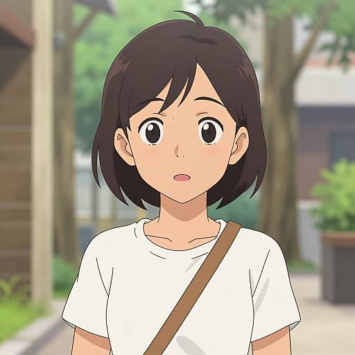 Anime-style digital drawing of a young girl with short black hair, large eyes, wearing a white shirt and brown strap, standing outdoors on a sunny day