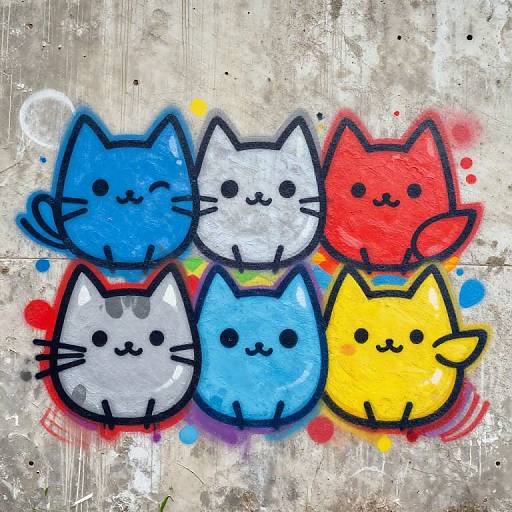 Charming digital graffiti of five cute, colorful, cartoon cats with simple black outlines and happy expressions, set on a textured gray concrete wall.