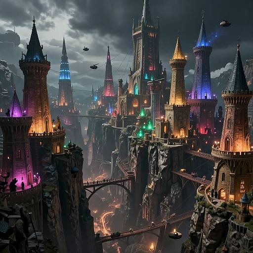 Digital art of a fantastical, colorful castle city with glowing towers, flying dragons, and dark, cloudy skies. Majestic bridges connect towering cliffs.