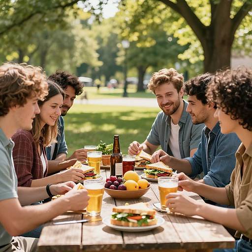 Photograph of six young adults, diverse in appearance, smiling and sharing food at a wooden picnic table in a sunlit park.