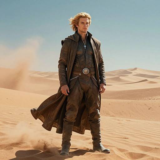Photograph of a blonde man with wavy hair, wearing a long black coat, black pants, and boots, standing in a desert with sand blowing